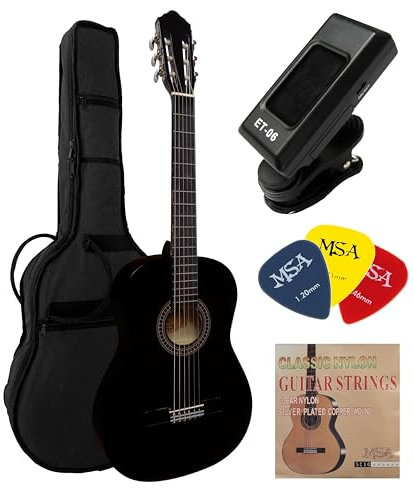 4/4 guitare classique noir avec accessoire, set sac, cordes, plectre, accordeur