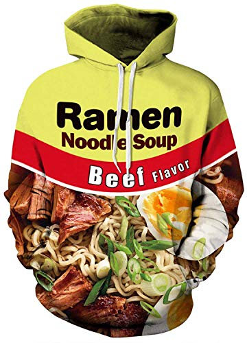 Keasmto 3D Ramen Chicken Noodle Soup Hoodie Rindfleisch Sweatshirt für Männer Frauen Baumwolle niedlich, Beef Hoodie, Large