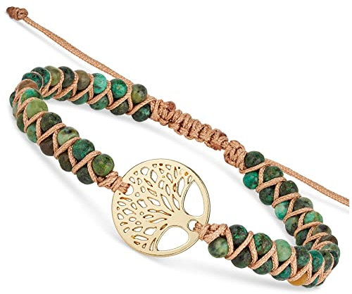 BENAVA Yoga Armband Damen Jaspis Edelsteinperlen mit Anhänger Baum des Lebens grün | Edelsteinarmband Meditation | 16-24 cm, Onesize, Jaspis, Yaspe