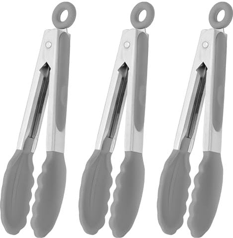 HINMAY Small Serving Tongs with Silicone Tips 7 Inch Stainless Steel Food Tongs Mini Tongs, Set of 3 (Grey)