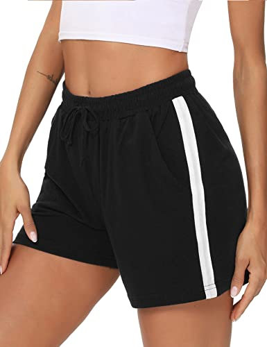 Litherday Shorts Damen Sportshorts Kurz Hosen Streifen Jogginghose Sommer Traininghose mit Taschen Elastischer Bund und Atmungsaktive Shorts zum Fitness, Running, Gym, Basketball, Schwarz, S