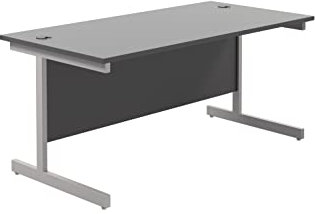 Office Hippo Heavy Duty Rectangular Cantilever Office Desk, Home Office Desk, Office Table + Integrated Cable Ports, PC Desk For Office or Home, 5 Yr Wty - Silver Frame/Black Top, 180cm x 80cm