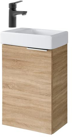 Planetmöbel Waschtisch mit Unterschrank 40 cm Waschbeckenunterschrank, Badmöbel-Set mit Waschbecken für kleine Bäder, Gäste WC, Sonoma Eiche (inkl. Armatur schwarz matt)