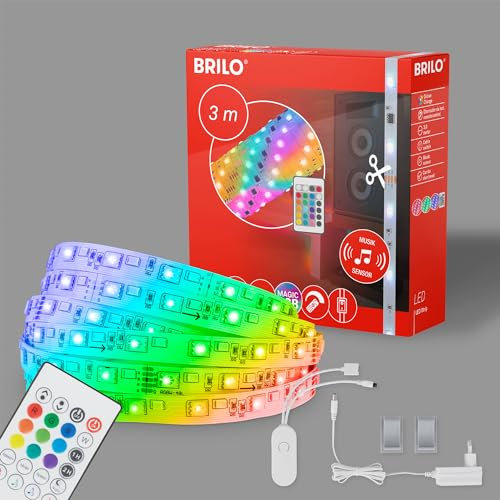 BRILONER - LED Strip 3m mit Musiksensor, RGB IC dynamischer Farbwechsel, Fernbedienung, LED Streifen, Leiste, Zimmer deko, Gaming Deko, Band, Lichtleiste, Lichtband, 300x1x0,3 cm, Weiß