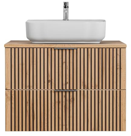 Lomadox Waschtisch Rillen schwarz Unterschrank 80 cm mit Keramik Aufsatzwaschbecken Waschbecken anthrazit Eiche Nb. B/H/T: 80,6/73,2/46,5 cm