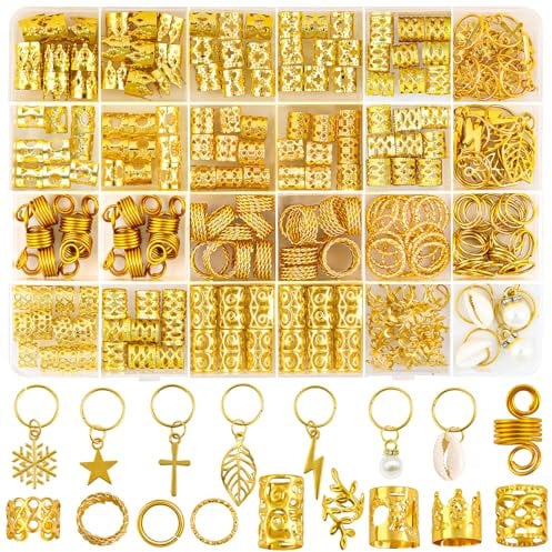 JOLCEEY 245pcs Hair Jewellery for Braids, Gold Hair Accessories Beads Cuffs Charms Rings for Girl Women Men Braids Decoration Party Music Festival