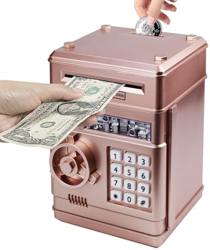 Vommery Piggy Bank for Kids Baby Toy, Electronic Mini ATM Safe Coin Cash Banks, Money Saving Box with Password Code Lock & Auto Money Scroll for Boys, Girls Birthday (Rose Gold)