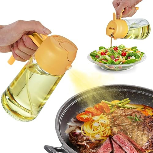 SWEET VIEW 2 in 1 Spruzzatore Olio e Dosatore Olio, 470ml Spruzzino Olio Per Friggitrice Aria, Bottiglia di olio d'oliva in vetro per cucina, insalata e barbecue (Giallo)