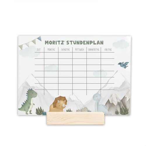 Stundenplan mit individuellem Motiv & Namen, abwischbar, Geschenk zur Einschulung - optionaler Holzaufsteller, DIN A4 mit Stift (Dinowelt weiß)