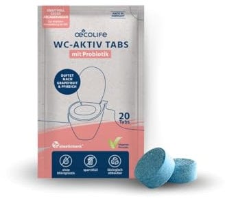 oecolife WC-Tabs, 20 Tabs à 4,5g, nachhaltige WC-Reinigertabs, vollständig wasserlöslich, biolgisch abbaubar, plastikfreie Tabs, intensive Reingung, natürliche Toilettenreiniger mit Probiotik