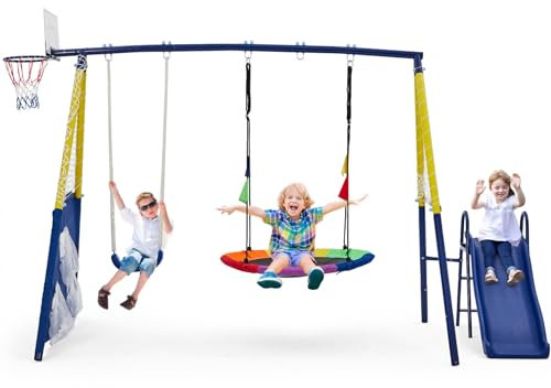 Aptliton Kids Swing set with Metal Frame, Nest Tree and Plastic Single Swing, Basketball Hoop, Slide, Backyard Playground Outdoor Play Frame Toy for children, Over 3 Years Old, Blue and Yellow