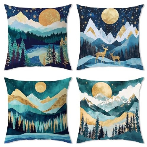 Lot de 4 housses de coussin décoratives en polyester pelucheux pour canapé, lit, motif forêt lunaire et dorée, 45 x 45 cm, bleu sarcelle et doré