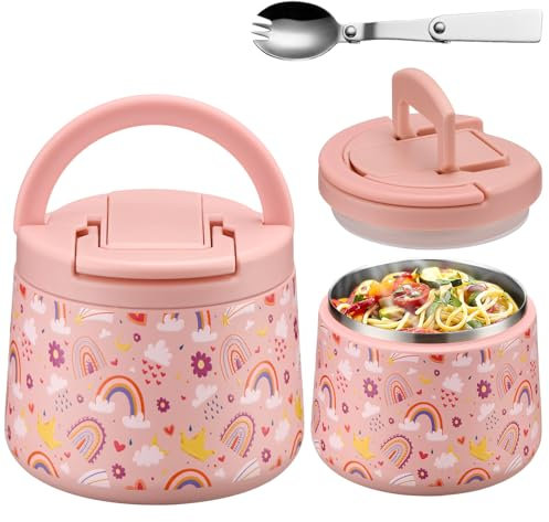 Itslife Thermobehälter für Essen 420ml, Warmhaltebehälter Essen Edelstahl mit Deckel und Löffel, Thermo Lunchbox Kinder Auslaufsicher, Essensbehälter für Picknick, Schulen und Büros, Regenbogen