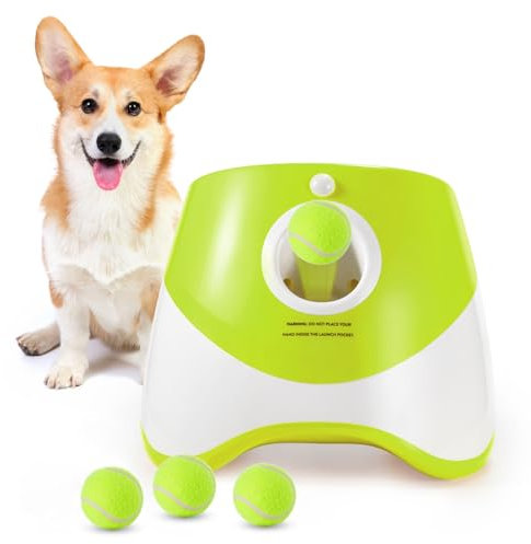 Tudegy Hundetenniswerfer, interaktive Ballwurfmaschine mit 3 Stück 5 cm Tennisbällen, automatischer Ballwerfer, dreistufige Startdistanzkontrolle, für kleine und mittelgroße Hunde, Hundespielzeug