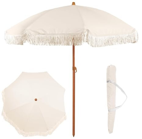 AYKNINGD Sonnenschirm, Sonnenschirm Klein P6 Ft Fransen-Terrassenschirm - Weißer Außenschirm for Terrasse, Pool, Tisch, Garten, Deck und Strand - Kippstange per Druckknopf(Off-White)