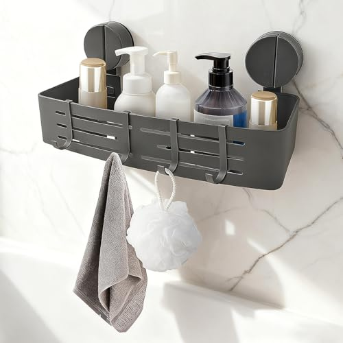 Mensola da Doccia con Ventosa Senza Forare con 4 ganci, Lunghezza 32 cm, Porta Shampoo Senza Foratura, Supporto per Shampoo Rimovibile e Antiruggine per Doccia