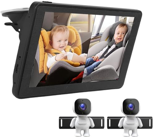 Plyisty Doppelte Baby-Autokamera, 7 Zoll 1080P-Split-Screen mit 2 Rückbankkameras, 360° drehbar, Anti-Verwacklungshalterung, einfache Installation mit langem Kabel