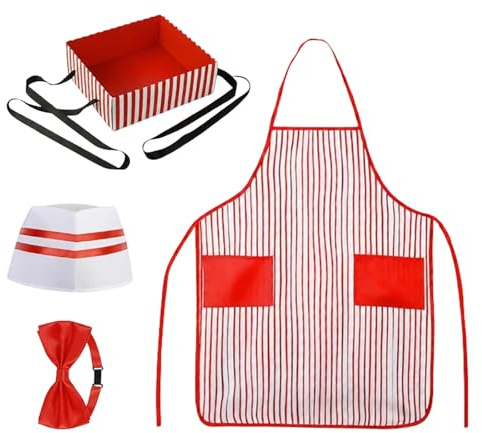 Generisch Popcorn Kostüm, 4-teilig 50er Jahre Erwachsene Kellner Kellnerin Kostüm Tablett Kochmütze Fliege Gestreifte Schürze mit 2 Taschen Karneval Zirkus Cosplay Party