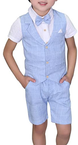 LOLANTA 4 pzs Trajes para Niños de Boda Verano, Conjunto Niño Vestir de Ceremonia Bautizo, Chaleco Pantalón Camisa con Pajarita, 5-6 años, Azul, Talla 120