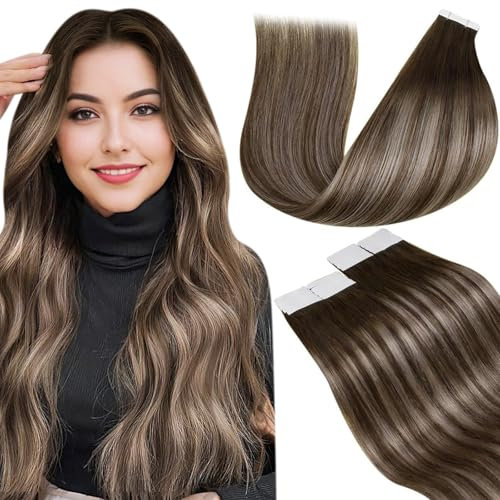 LaaVoo Tape in Extensions Echthaar Ombre Braun Extensions Echthaar Balayage Dunkelbraun Aschblond 45cm Remy Haarverlängerungen Tape in Extensions Invisible 50g 20pcs #4/18/4