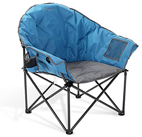 ARROWHEAD OUTDOOR Oversized Heavy-Duty Club Folding Camping Chair w/External Pocket, Cup Holder, Portable, Padded, Moon, Round, Saucer, Supports 330lbs, Carrying Bag, USA-Based Support (Blue)