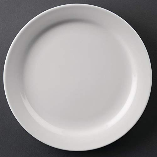 12X Athena Hotelware Narrow Rimmed Service Plates 6 1/2 In/165mm Porcelain White | Vitrified glazed finish resists chips and scratches, while a stackable design maximizes storage for busy commercial kitchens.