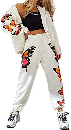 Angel ZYJ Tuta per Donna Set da 2 Pezzi Tute Sportive a Manica Lunga + Pantaloni Lunghi con Farfalla per Casual, Palestra, Allenamento (Bianco,S)