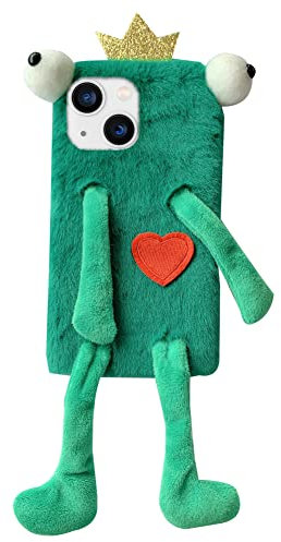 Uposao Compatible with iPhone 13 Mini Plush Case Cute Cartoon Frog Mobile Phone Case Fluffy Winter Warm Soft Case Shockproof TPU Silicone Case for Women Girls, Green