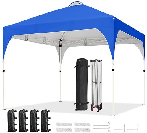 Yaheetech Pop Up Gazebo, 3x3m Instant Foldinng Shelter with Wheeled Bag, 4 Sandbags, 4 Ropes, 8 Stakes, Metal Frame, Adjustable Height, Top Air Vent, Blue