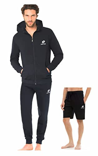 Lotto Tuta Uomo in Felpa Estiva + BERMUDA - Tuta Uomo Completa - Tuta Sportiva Uomo - Tuta Uomo Estiva MIX (FELPA CAPP NERO+PANTALONE NERO+ BERMUDA, L)