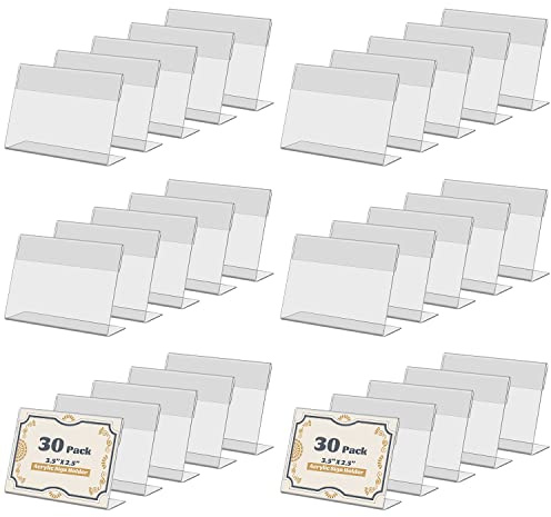 SIYOMG Clear Acrylic Sign Display Holder, 30 PCS 2.5X3.5In Slanted L Shape Price Name Card Tag Label Counter Top Stand for School Office Supermarket Store