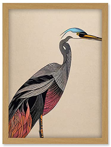 Doppelganger33 LTD Abstract Heron Bird Illustration Coral And Teal Hue Illustration Artwork Framed Wall Art Print A4