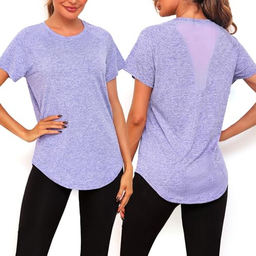 Wayleb Sports Tops for Women Crew Neck Yoga Tops Ladies Workout Running Activewear Short Sleeve Tee Shirts for Womens Purple