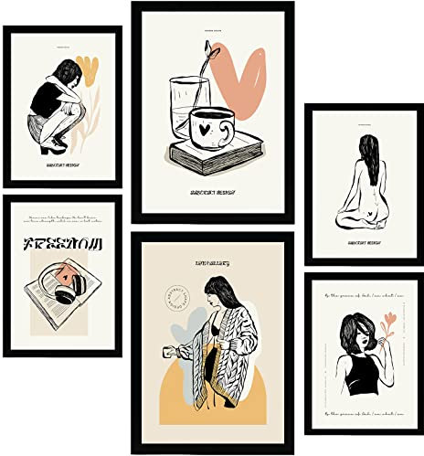 Nacnic Set di 6 poster a inchiostro nero. Amore. Stampe artistiche in stile schizzo per l'interior design e la decorazione. A3 & A4, senza cornici.