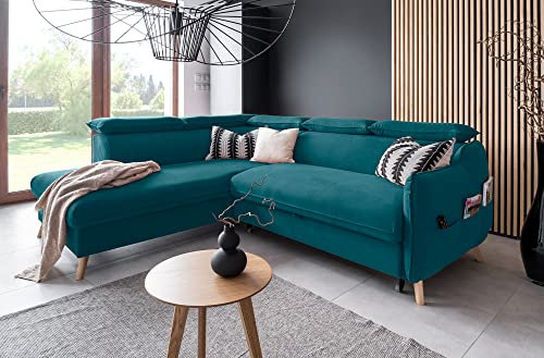 MIUFORM Ecksofa L-Form mit Bettfunktion Kopfstütze | Sweet Harmony Ecksofa L-Form Wohnschlandschaft Schlafcouch | Easy Clean Stoff Samt (Türkis, Links ausgerichtet)