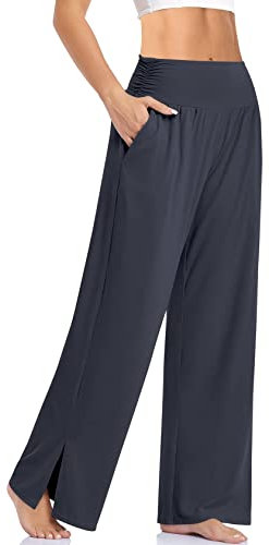 Cegerne Damen Palazzo High Waist Haremshose Yogahose Stretch Stoffhose Weite Jogginghose Sport Activewear Hose Traniningshose mit Schlitz, Dunkel Grau, M