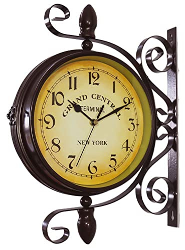 Katutude Reloj de pared de doble cara, reloj de pared para jardín, estación de tren con soporte, estilo vintage, reloj de pared impermeable retro para jardín, decoración de exterior