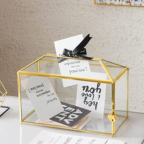 Giadun Hochzeitskartenbox aus Glas mit Schlitz, 32 cm große, transparente Kartenbox, goldfarbenes Messing, Geschenkkarten-Aufbewahrungsbox mit Schloss für Hochzeitsempfänge, Babyparty,