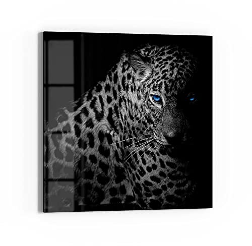 DEQORI Glasbild Echtglas | Motiv Leopard mit blauen Augen | quadratisch einteilig 30x30 cm | schöne Dekoration | Wandbild für Wohnzimmer, Schlafzimmer, Flur & Küche | moderne Wanddeko