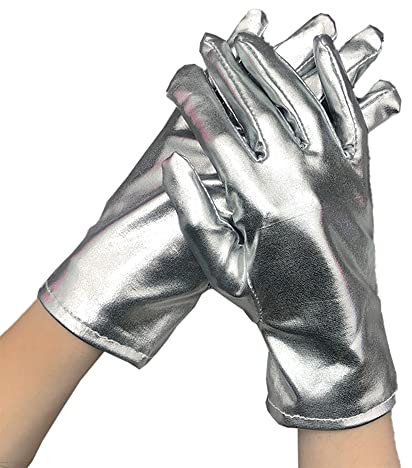 Kurze Handschuhe für Damen,Metallic Glitzer Handschuhe Shine 23 cm Zubehör Gloves Prinzessin Show Tänzerin Flapper Girl Diva Abendkleid Kostüm Karneval Junggesellenabschied Mottoparty Tanzshow,Silber