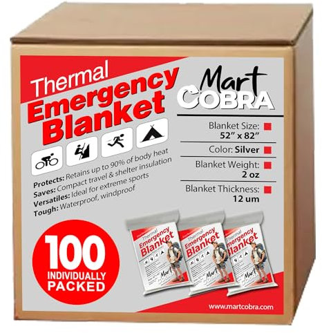 Mart Cobra Notfalldecke, Mylar-Decken, Überlebensausrüstung und Zubehör, wiederverwendbar, Thermo-Camping-Essentials, Wandern, Erste-Hilfe-Auto-Notfall-Set, Prepper Folie, Insektenschutz, Tasche,