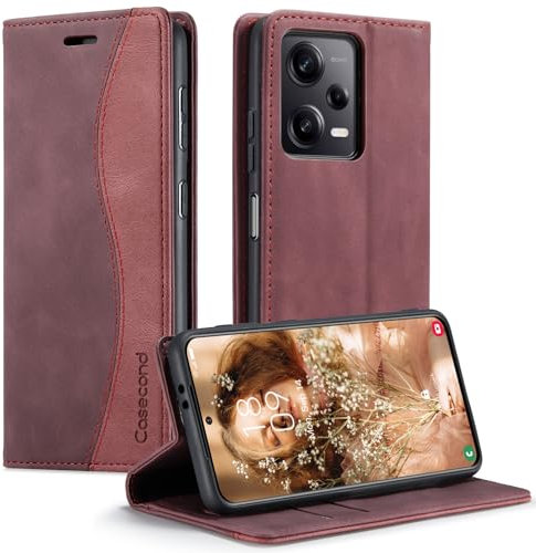 Casecond Coque pour Xiaomi Redmi Note 12 Pro 5G Housse en Cuir avec Magnetique Etui RFID Blocage Protection Pochette Porte Cartes Portefeuille Mince Wallet Case Femmes Hommes - Vin Rouge et Rouge