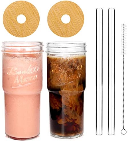 ANOTION Lot de 2 tasses en verre avec couvercles et pailles, tasse à café de voyage de 710 ml à large ouverture, pot Mason pour café glacé, smoothie, tasse à thé en verre transparent mignon