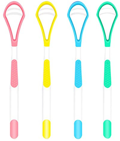 Paquete de 4 rascadores de lengua, limpiador de lengua, limpiador de lengua con mango de plástico, fácil de usar y limpiar, cepillo de lengua reutilizable para niños adultos
