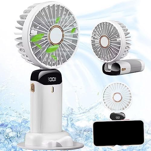 Handheld Mini Portable Fan 3000 mAh, Personal Foldable Desk Fan, 5 Speeds Rechargeable USB Small Fan with Digital Display, Lanyard and Base, Battery Operated Hand Held Fan for Office, Outdoor, HomeF