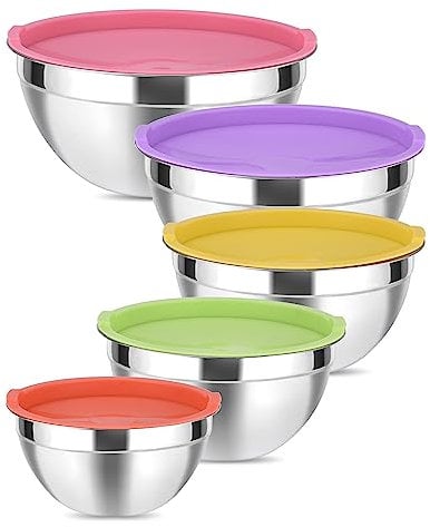 Conjunto de cuencos de acero inoxidable con tapas herméticas - 4,1 L / 3,4 L / 2,5 L / 2,0 L / 1,4 L. Ideal para cocinar, hornear y almacenar. Apilables para ahorrar espacio y aptos para lavavajillas.