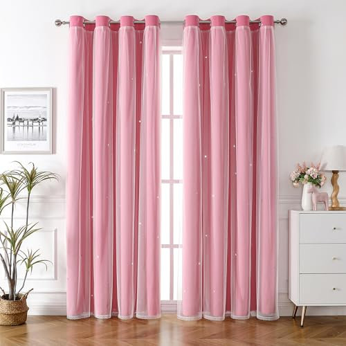 Tongcan Stern-Vorhänge Gardinen für Schlafzimmer, Wohnzimmer, Kinderzimmer, 2 Paneele, Set, Verdunkelungsvorhänge, doppellagiger Fenstervorhang (Rosa, 2 Paneele B 132 x L 160 cm)