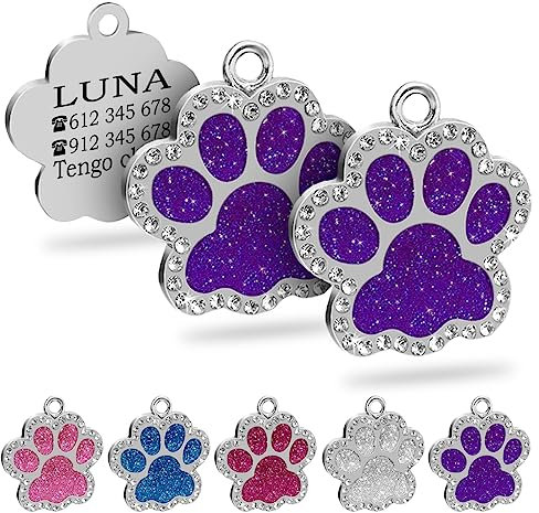 Ibera Gifts - 2 x Chapa Perro Grabada en Forma de Pata con Perdería y Purpurina, Placa Perro Personalizada para Perros y Gatos Pequeños y Medianos, Chapa Identificativa Perro y Gato (Lila x 2)