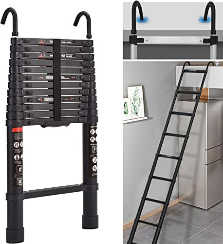 3.8M Teleskopleiter mit Haken, Alu-Klappleiter Rutschfester Ausziehbare Leiter Mehrzweckleiter 150 kg/330 Pfund Belastbarkeit Aluleiter Aluminiumleiter