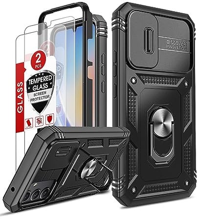 LeYi for Samsung Galaxy A34 5G Case with Camera Cover Slider, Full Body Armour Military Shockproof Phone Cover | 2 Pack Tempered Glass Screen Protector | Ring Stand Holder for A 34 Black